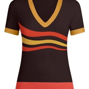 WOMEN RETRO WAVE LINE V-NECK BROWN SHORT SLEEVES KNITWEAR
